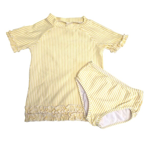 Ruffle Butts Girls 6 Yellow & White Striped Rash Guard Set 3888 - Picture 1 of 4